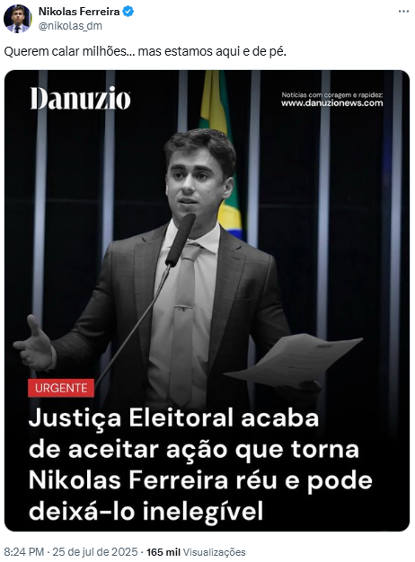 Nikolas Ferreira vira réu em ação que pode resultar em sua inelegibilidade