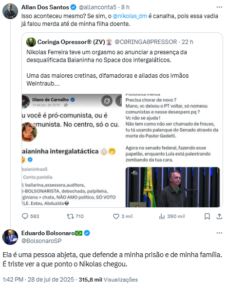 “É triste ver a que ponto chegou”: Eduardo rompe com Nikolas após atrito em rede social