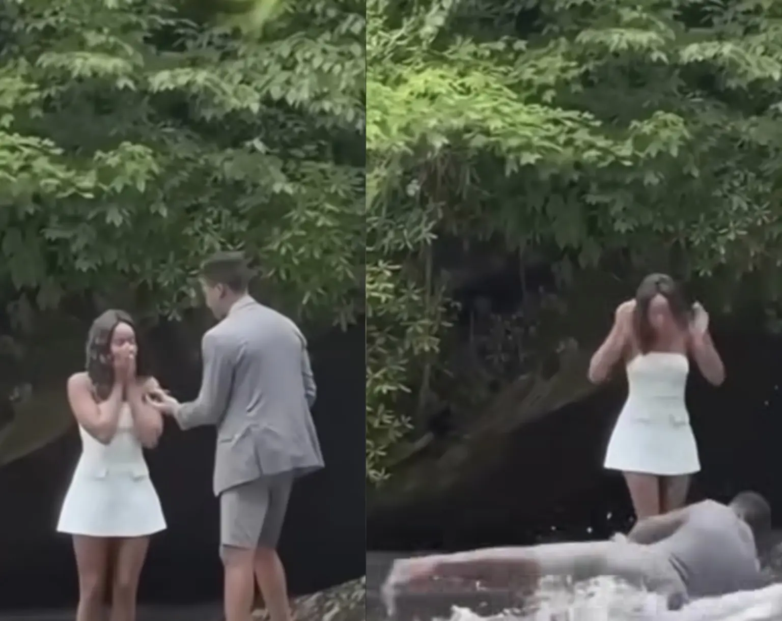 Pedido de casamento em cachoeira termina em tombo, susto e perda das alianças