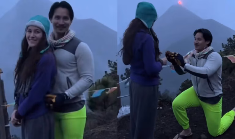 Homem pede namorada em casamento no momento em que vulcão entra em erupção