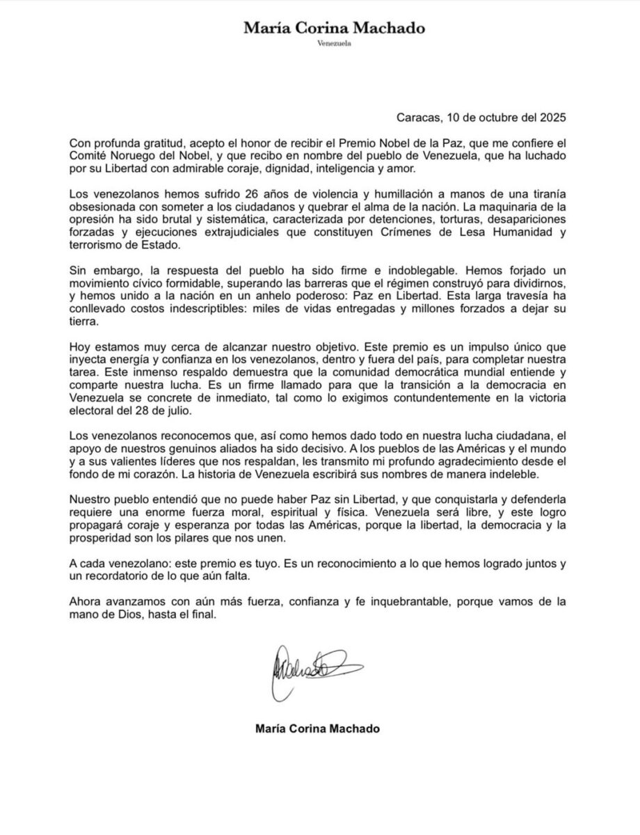 maria-corina-machado-dedica-nobel-da-paz-a-donald-trump-e-ao-povo-venezuelano