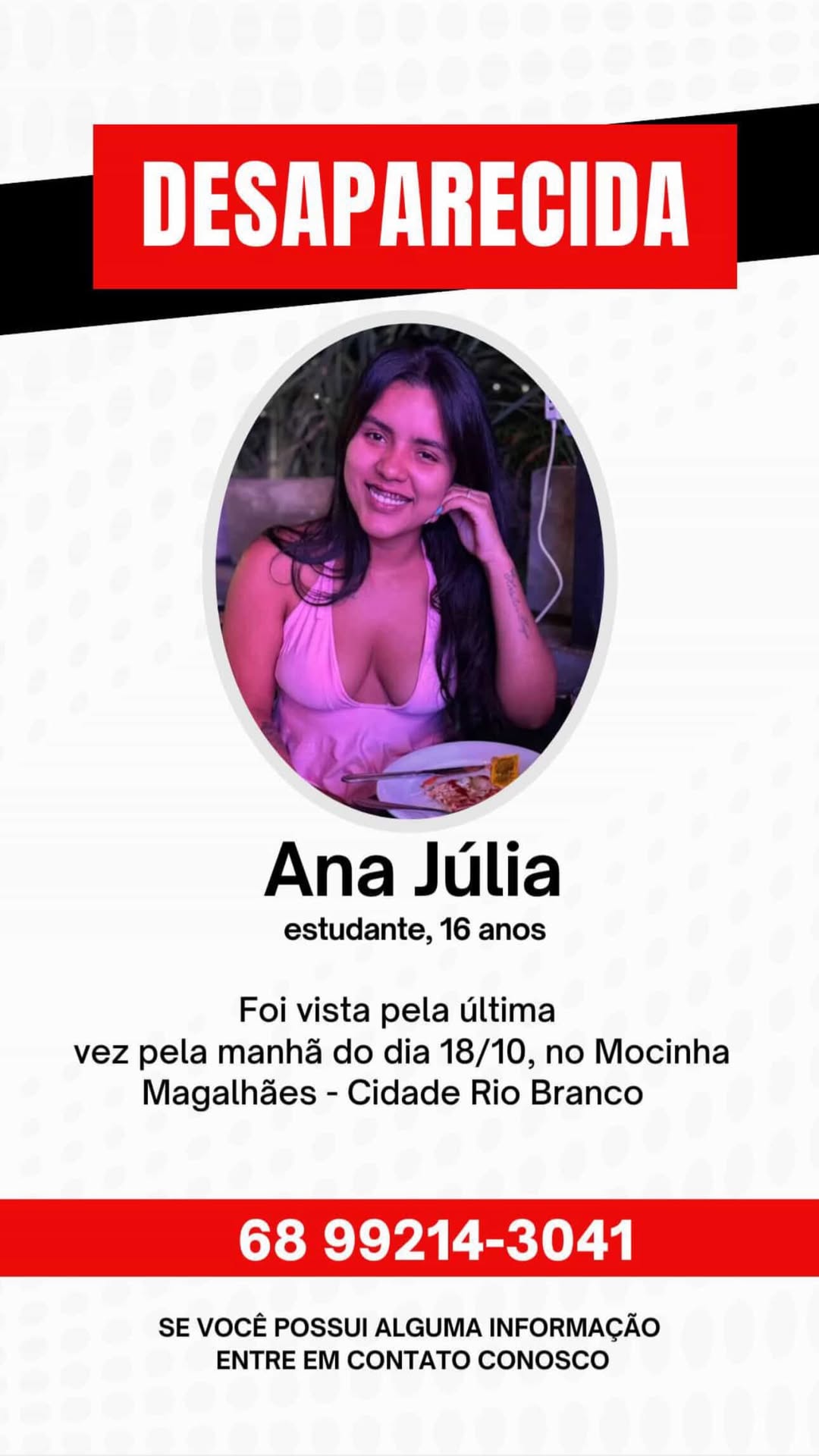 Estudante Ana Julia de 16 anos está desaparecida em Rio Branco; família pede ajuda