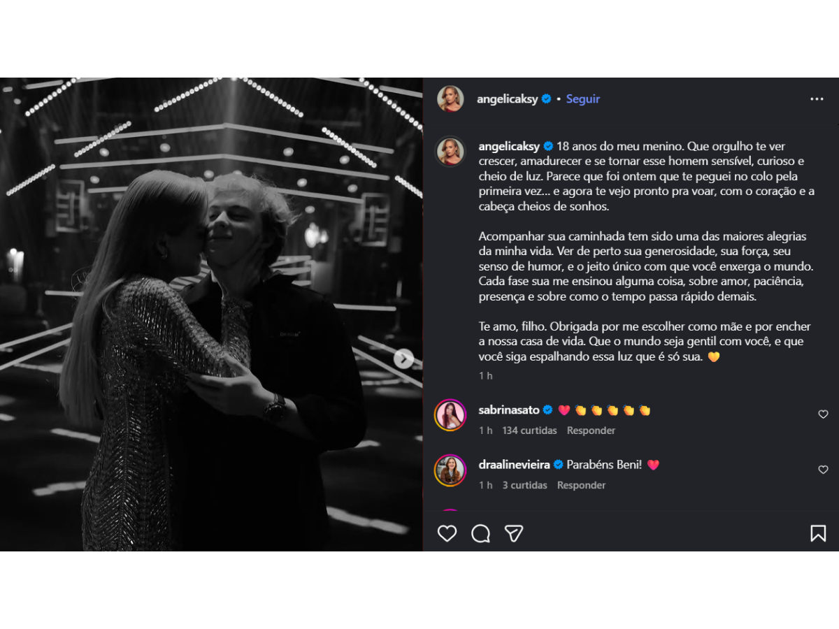 Angélica presta homenagem para Benício, que completa 18 anos: “Cada fase me ensinou”