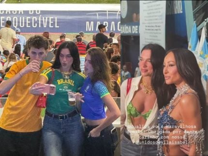 Tragam o CPF! Em uma mesma noite, Dua Lipa vai a ensaio de Carnaval e assiste jogo no Maracanã
