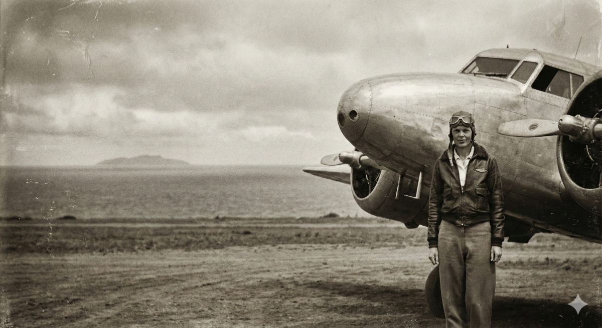O misterioso desaparecimento de Amelia Earhart: foto de época da aviadora ao lado de seu avião Lockheed Electra antes do voo no Pacífico.
