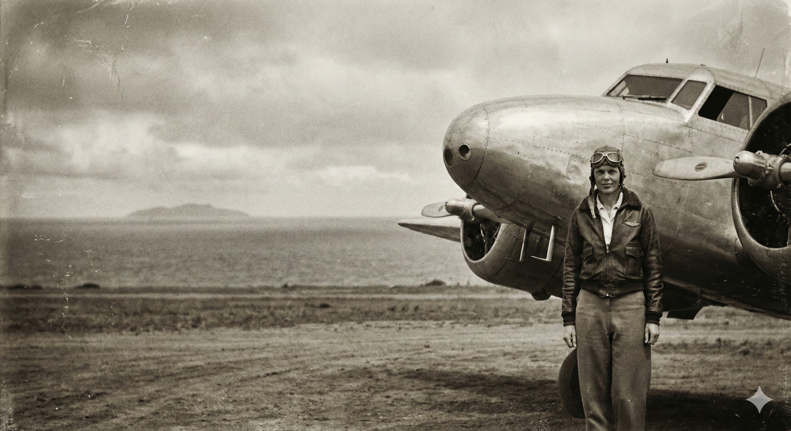 O misterioso desaparecimento de Amelia Earhart: foto de época da aviadora ao lado de seu avião Lockheed Electra antes do voo no Pacífico.