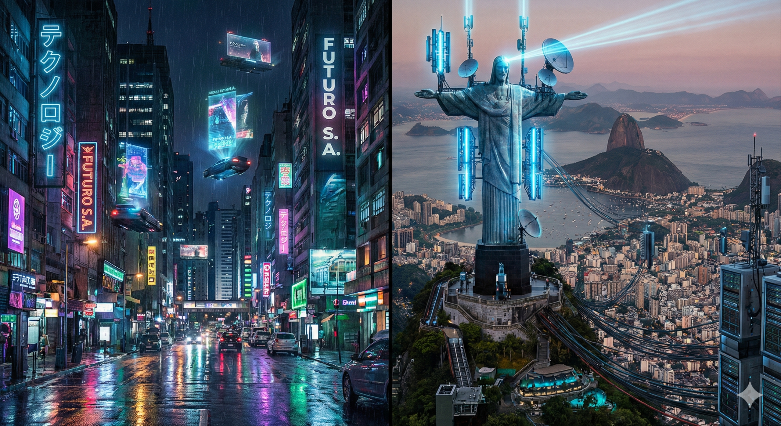 Visão futurista do Brasil Cyberpunk, mostrando São Paulo com neons e o Cristo Redentor no Rio como uma antena de dados.