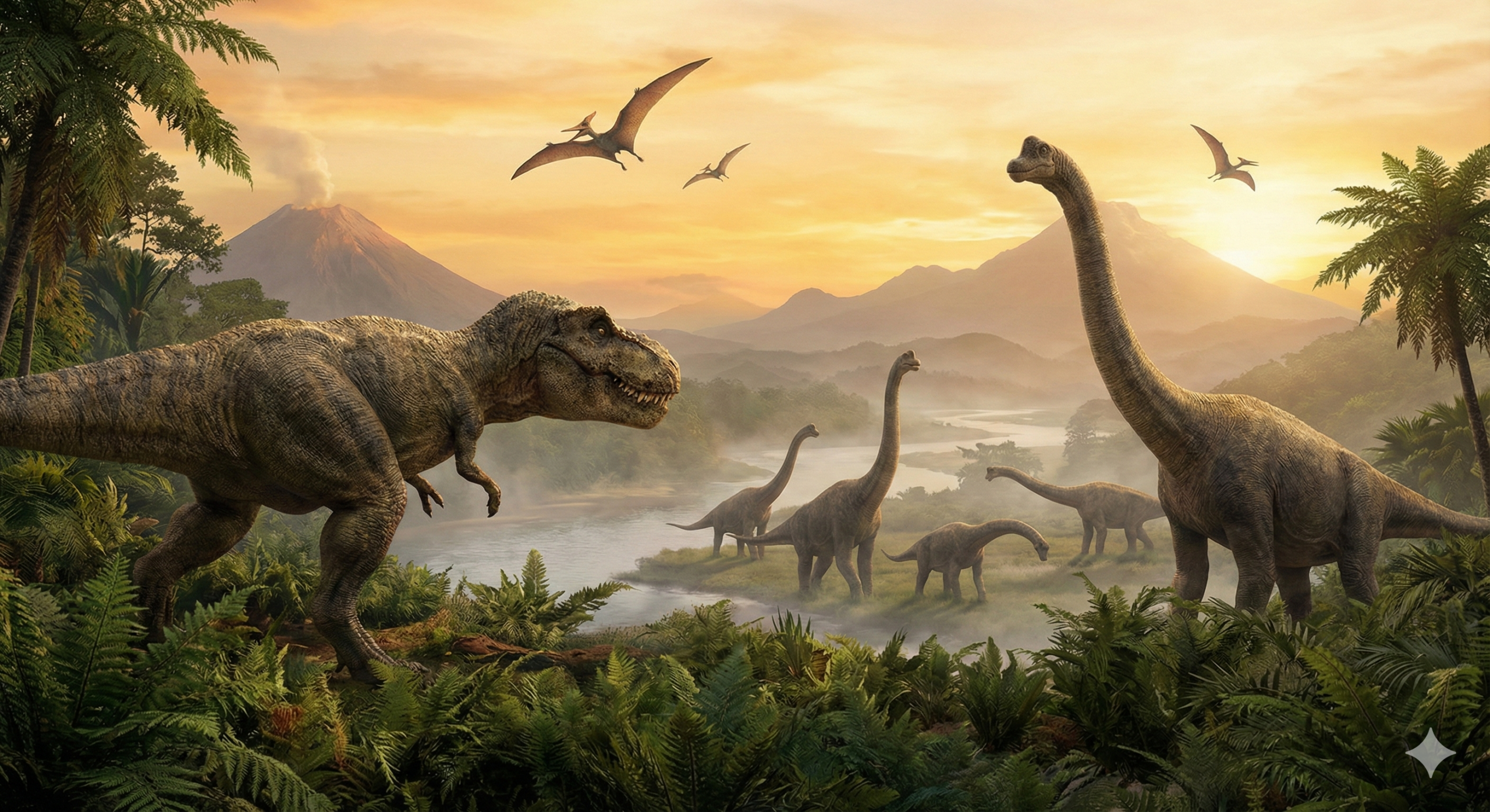 Paisagem da Terra pré-histórica selvagem com dinossauros gigantes caminhando ao nascer do sol.