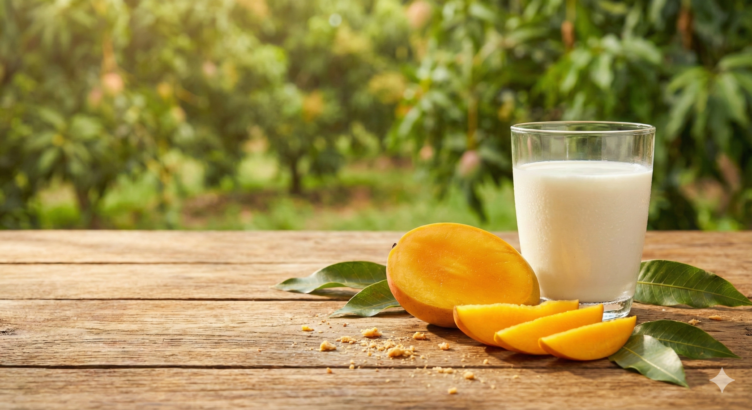 Copo de leite e manga fatiada para desmistificar se leite com manga faz mal.