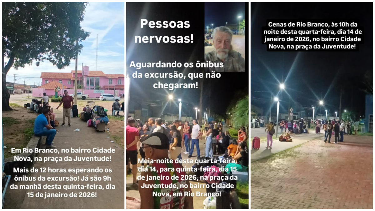 Passageiros enfrentam mais de 12 horas de espera por ônibus de excursão em praça de Rio Branco