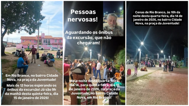 Passageiros enfrentam mais de 12 horas de espera por ônibus de excursão em praça de Rio Branco