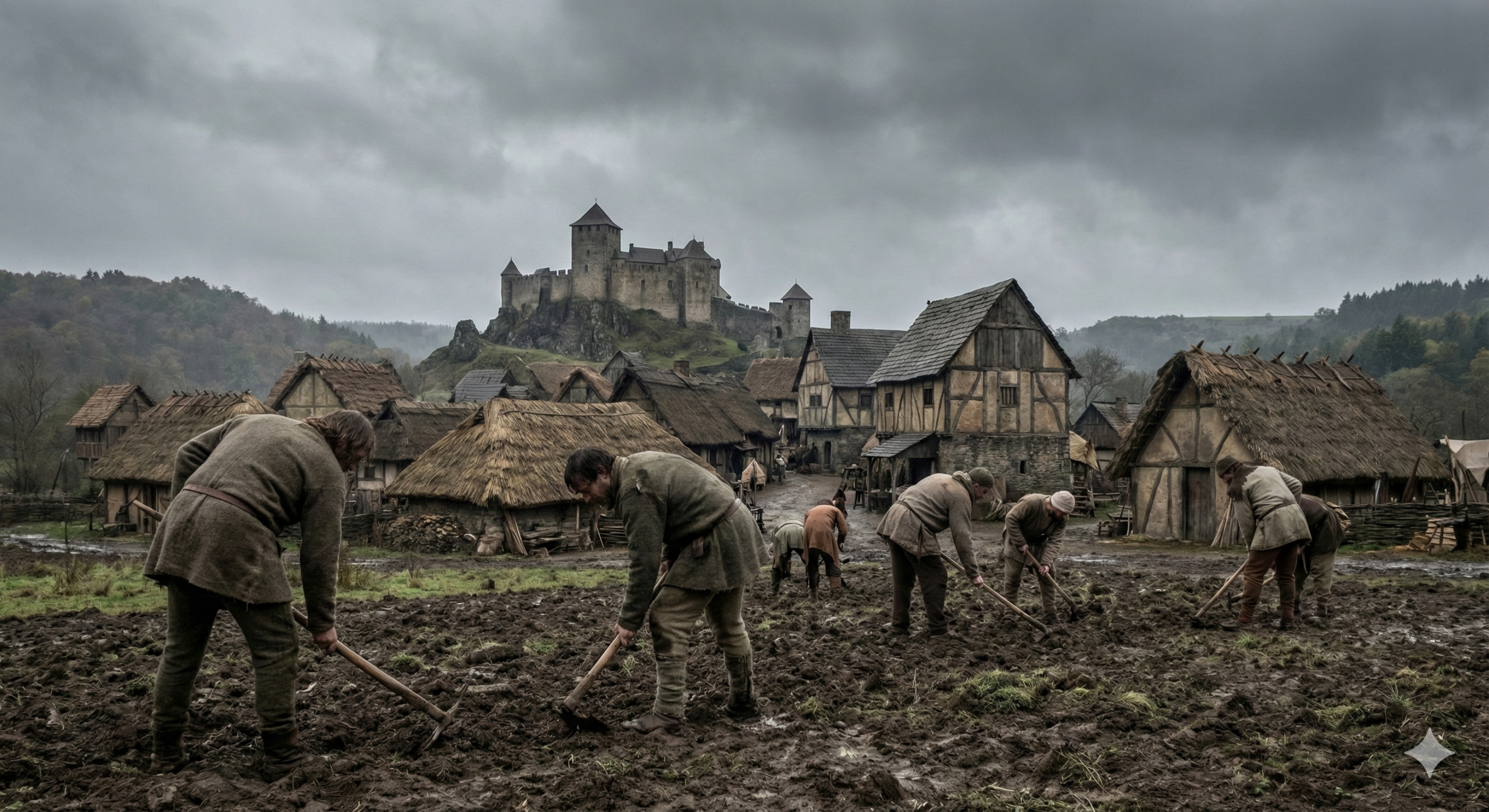 Camponeses trabalhando no campo ilustrando como era viver na Idade Média sob o sistema feudal.