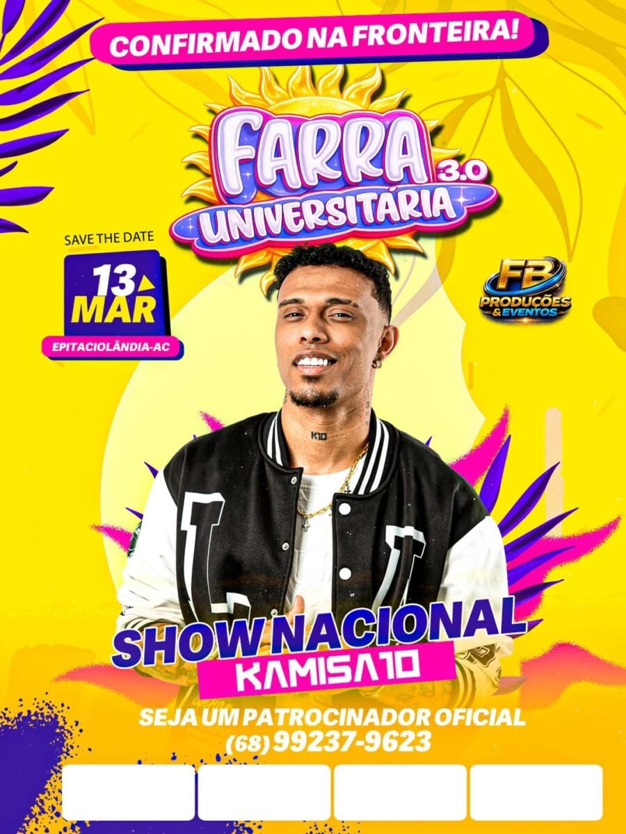 Epitaciolândia recebe, no dia 13 de março, o show do Kamisa 10, um dos grupos mais populares do pagode brasileiro na atualidade. 