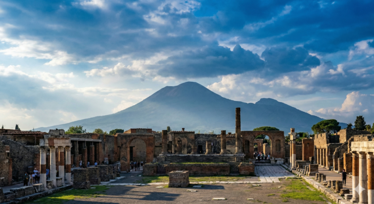 Ruínas da Cidade de Pompeia com o Vesúvio ao fundo.