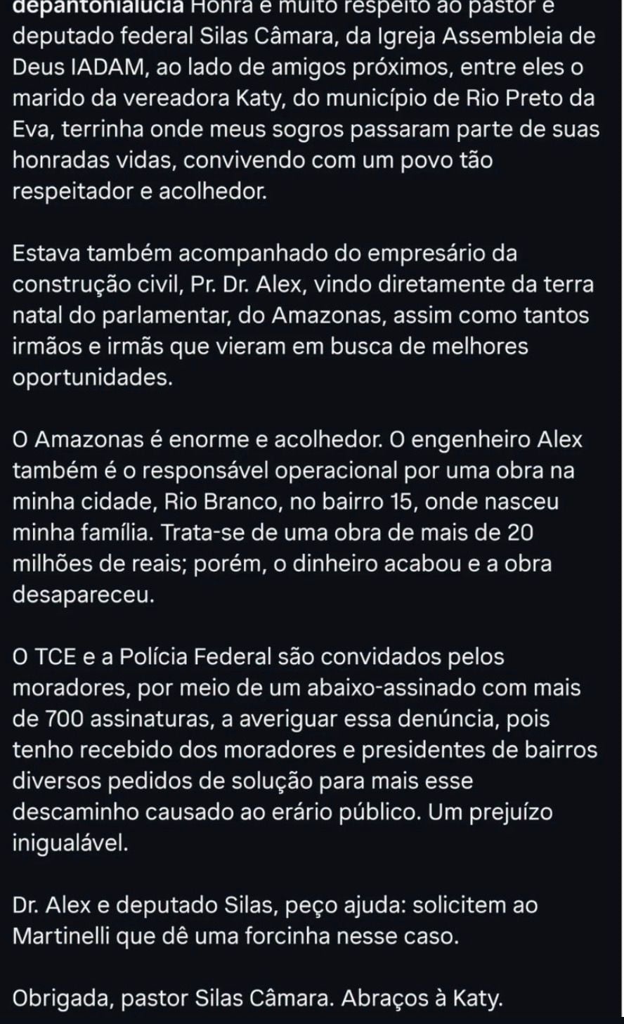 Deputada volta a acusar ex-marido, cita suposta traição e questiona obra milionária que, segundo ela, estaria abandonada.