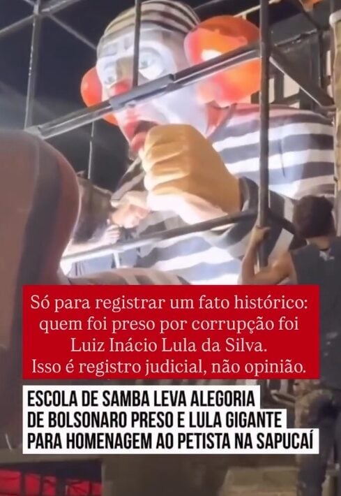 Ex-primeira-dama comentou homenagem a Lula e contestou representação do ex-presidente em carro alegórico na Sapucaí.