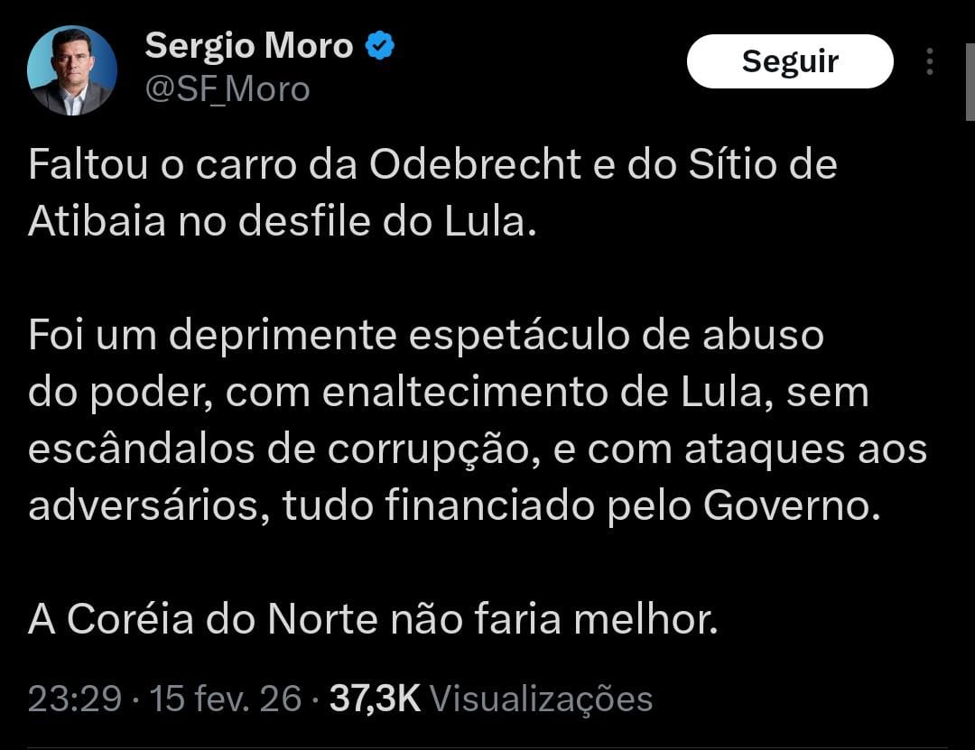 Sergio Moro questionou homenagem ao presidente durante o Carnaval e mencionou episódios da Lava Jato em publicação nas redes sociais.