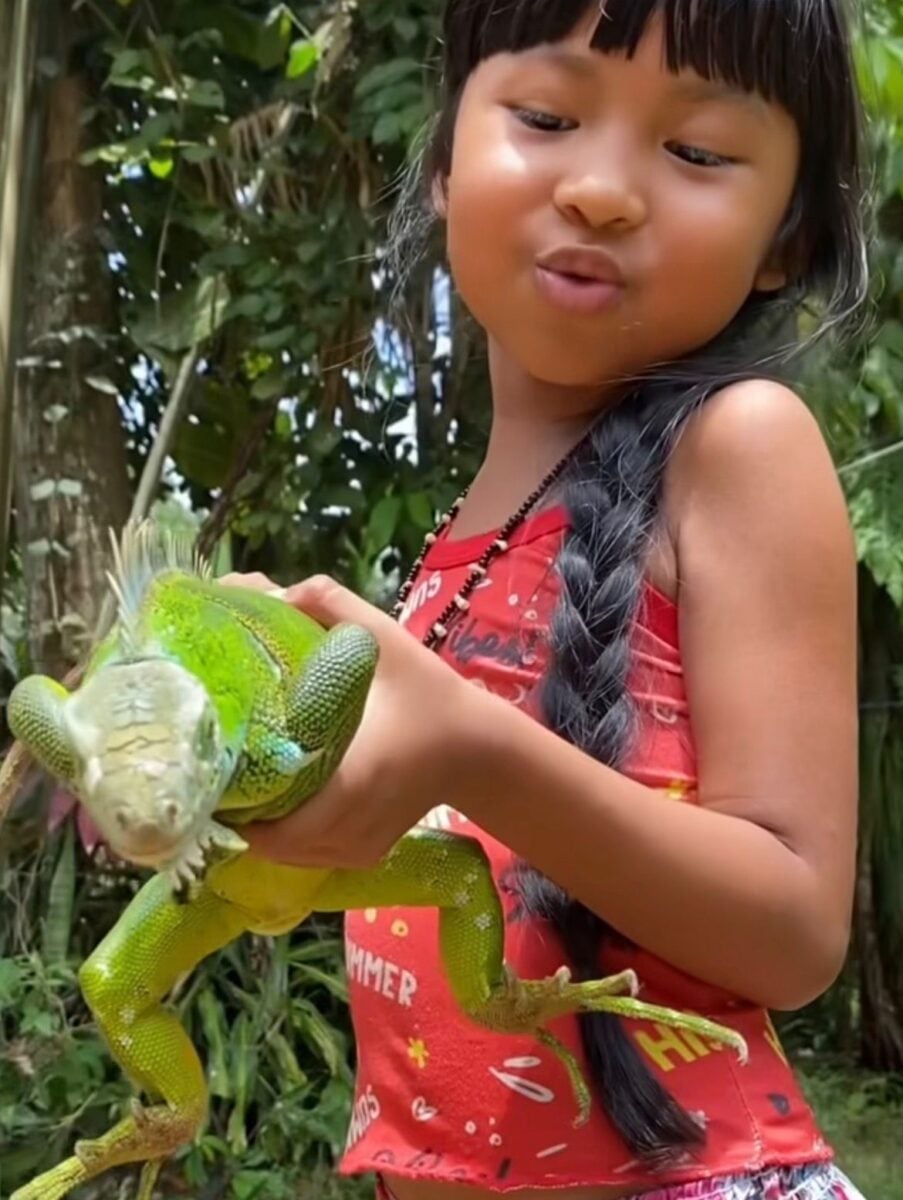 Pequena indígena encanta internet ao apresentar iguana como seu novo amigo
