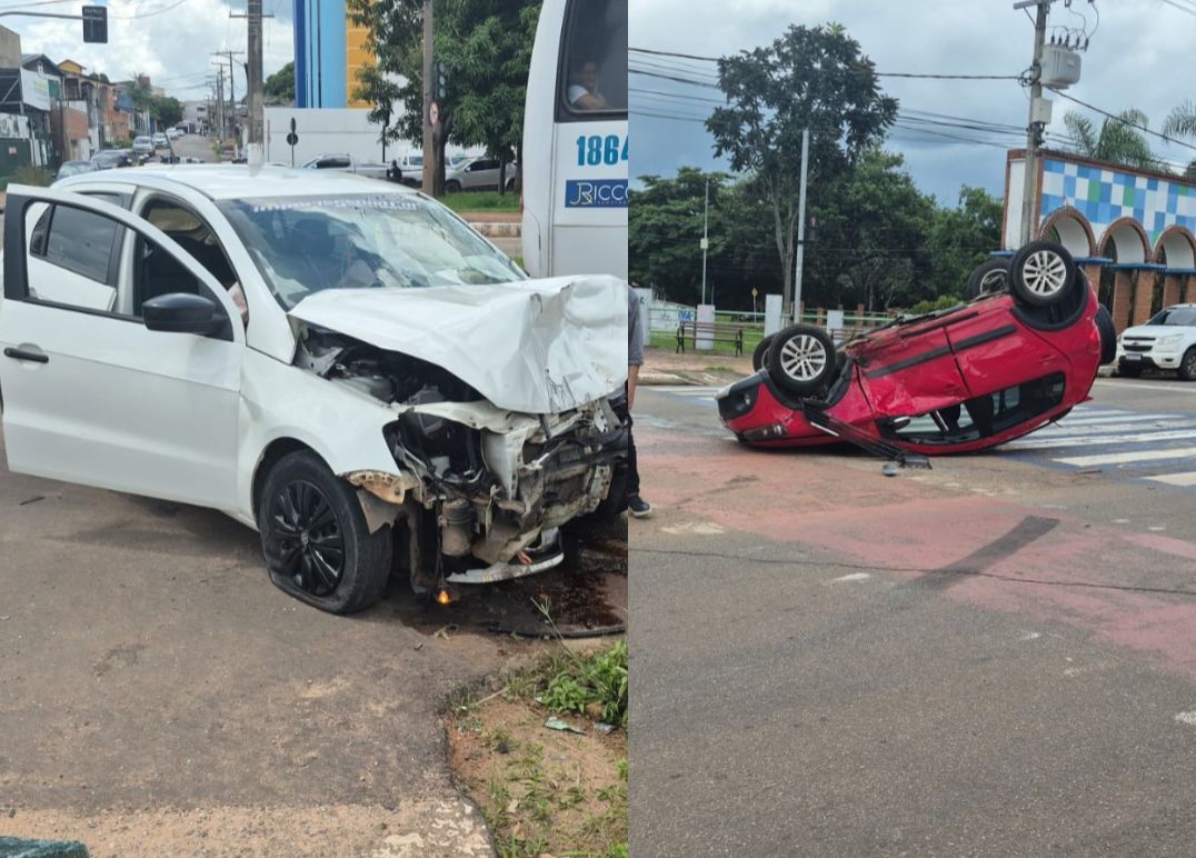 Mulher avança sinal vermelho e causa capotamento