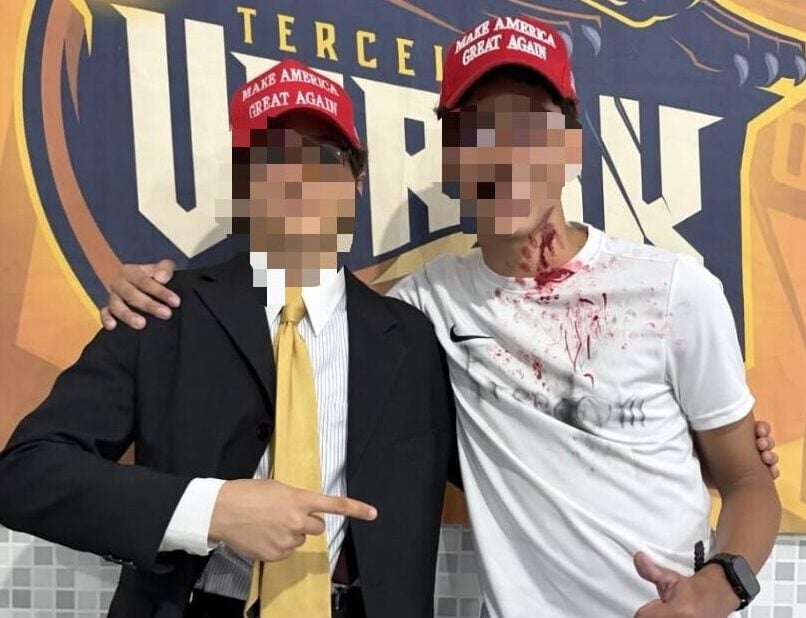Alunos do Terceirão chamam atenção ao se fantasiarem de Donald Trump e Charlie Kirk durante trote escolar em Rio Branco.