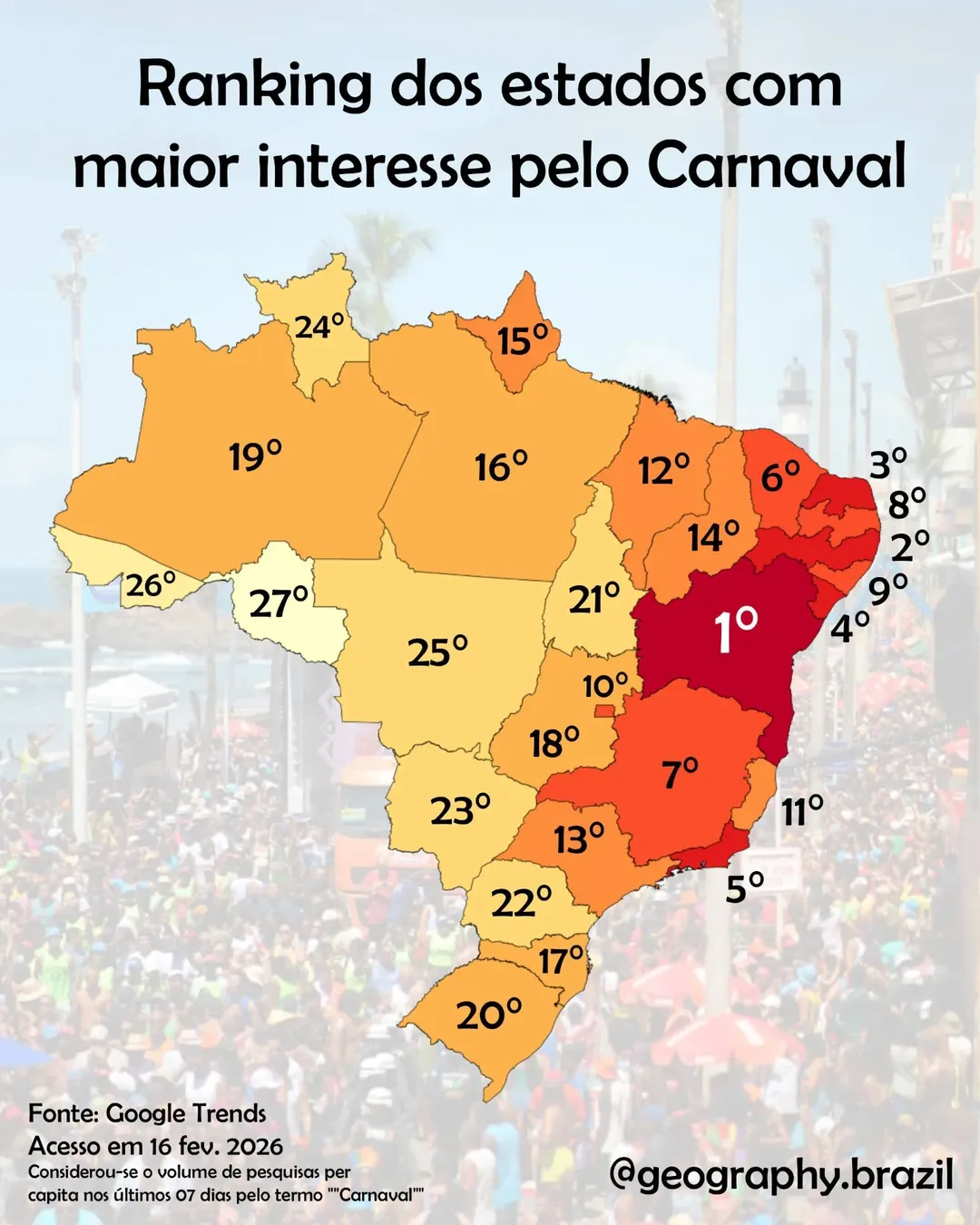 Estado ficou na 26ª posição em ranking de interesse pelo Carnaval, à frente apenas de Rondônia, segundo dados do Google Trends.