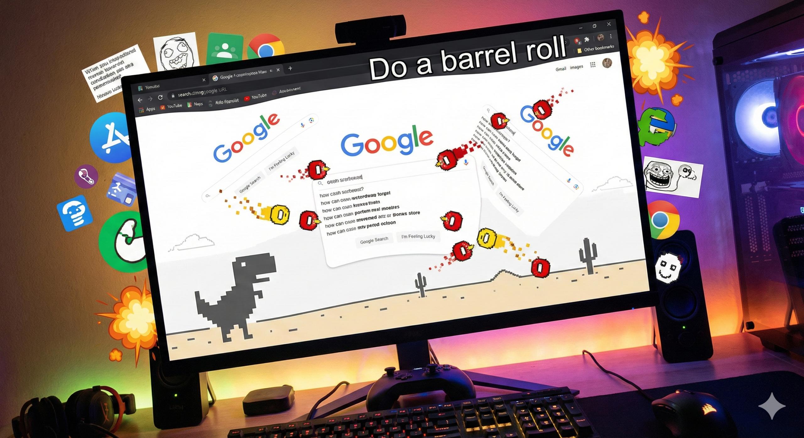 Colagem divertida mostrando vários truques secretos do Google, como a tela torta e o jogo do dinossauro.