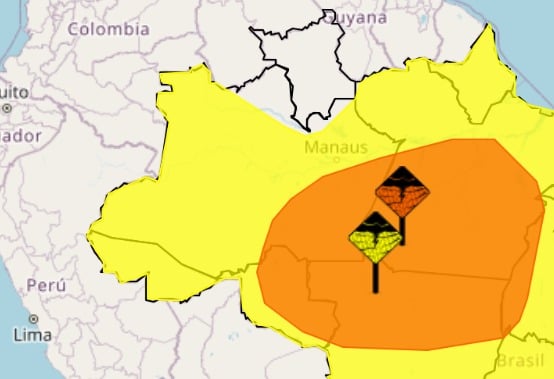 O Inmet emitiu um aviso de chuvas intensas com grau de severidade classificado como perigo potencial para todo o estado do Acre.
