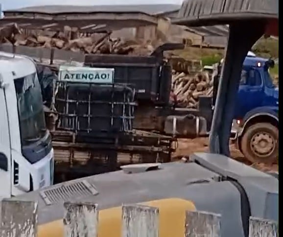 Um vídeo flagrou um suspeito furto de bens em Feijó. Uma pessoa denuncia que uma caçamba é vista levantdo lenhas públicas.