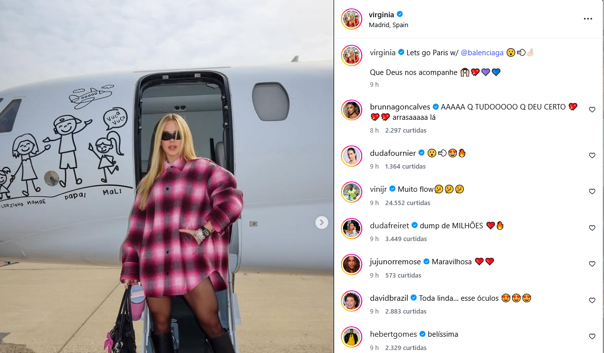 Virginia chega a Paris para desfile de moda e Vini Jr reage