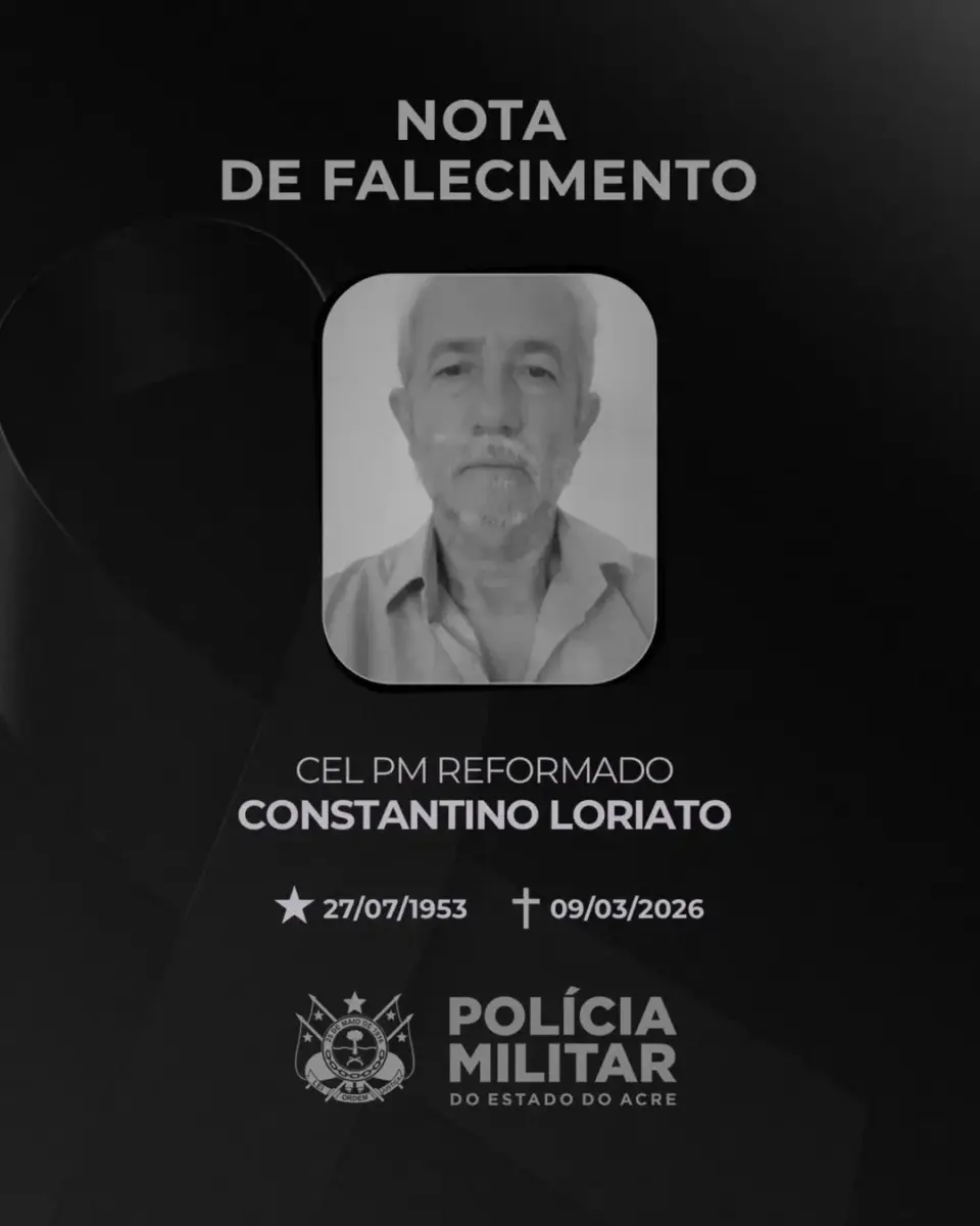 Polícia Militar do Acre lamenta morte do coronel reformado Constantino Loriato aos 72 anos.