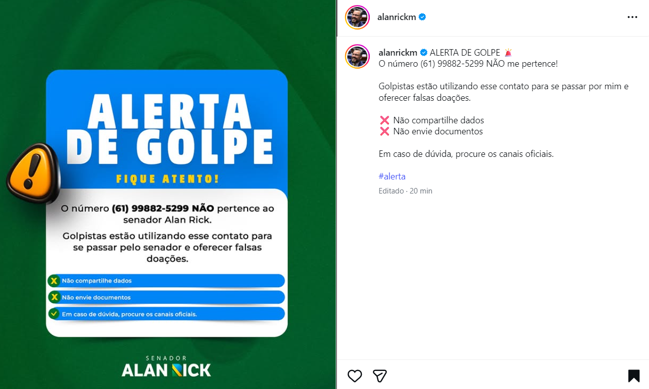O senador Alan Rick publicou em suas redes sociais sobre o golpe
