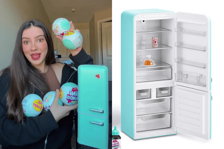 Adultos colecionando miniaturas da linha Mini Brands e geladeiras de brinquedo.