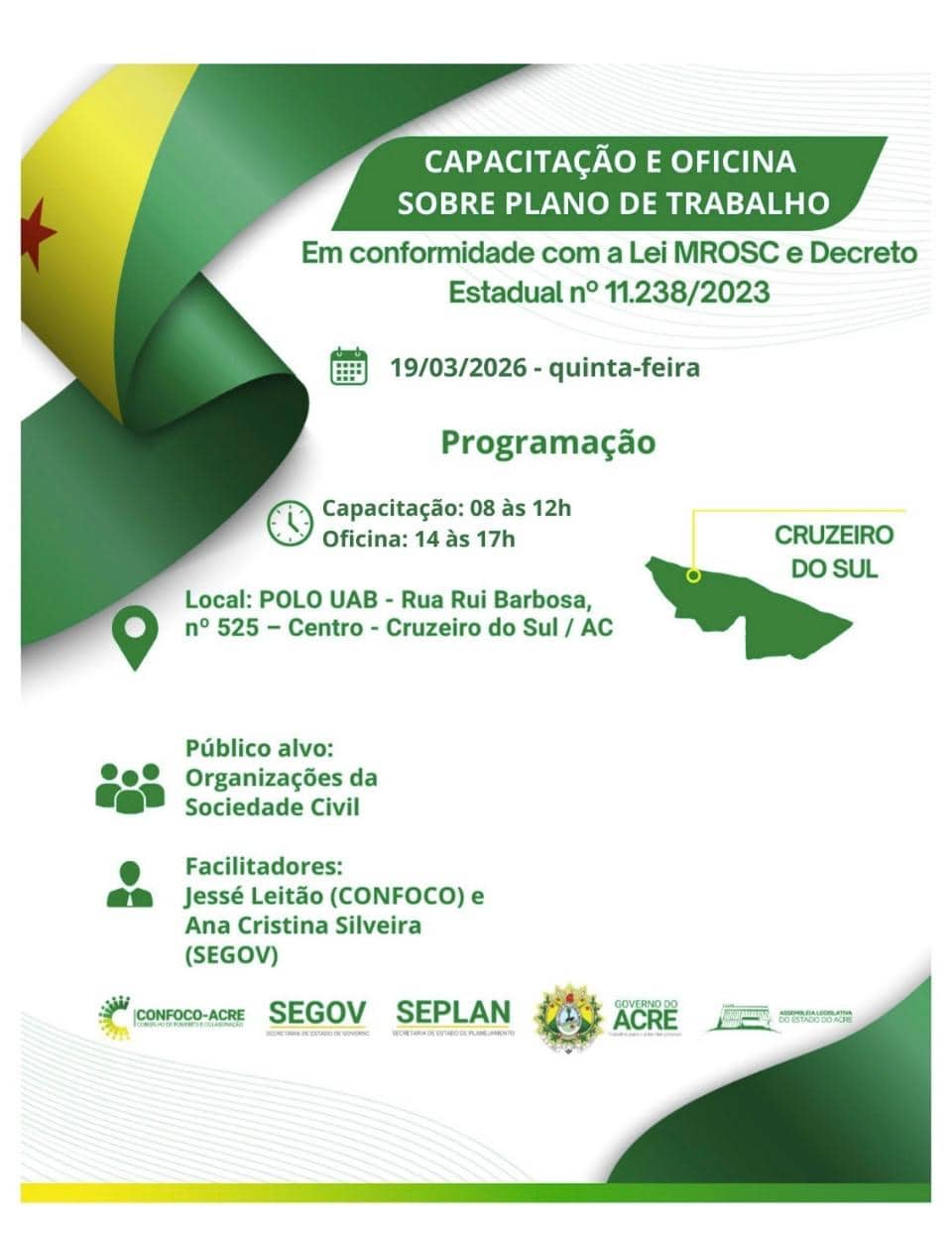 Oficina em Cruzeiro do Sul orienta elaboração de planos de trabalho sociais