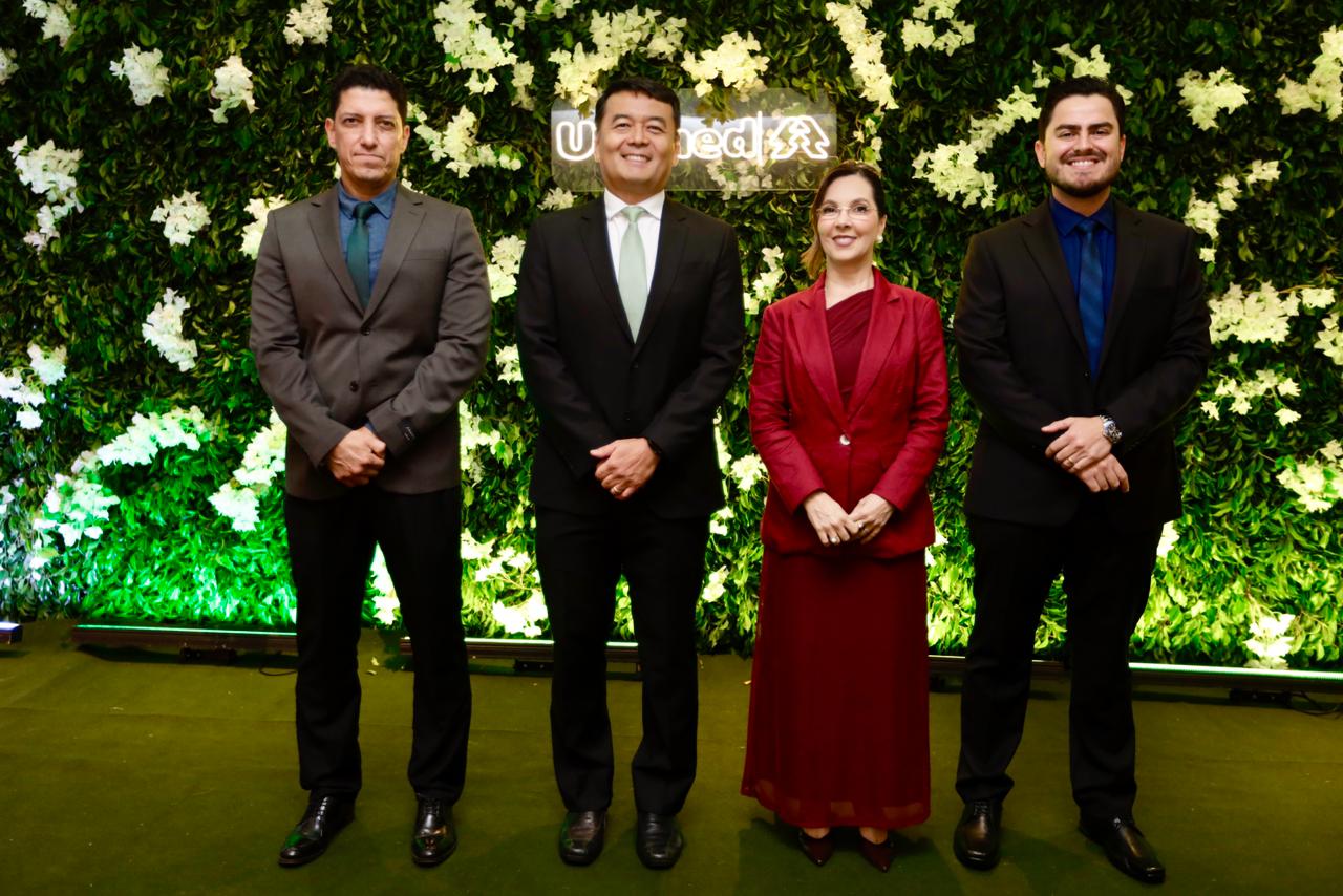 Diretoria Executiva da Unimed Rio Branco. Dr. Renato Correia, vice-presidente diretor administrativo, Dr. Marcus Yomura, presidente, Dra. Kátia Menezes, superintendente, e Dr. Fernando Ribeiro, diretor de mercado