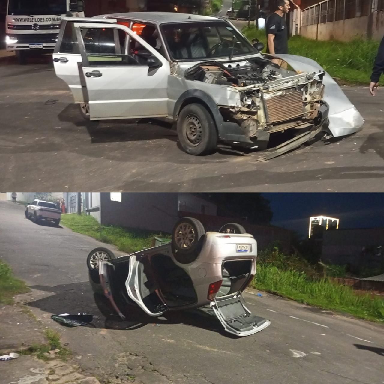 Vídeo mostra momento de forte colisão que deixou três feridos e carro capotado em Cruzeiro do Sul