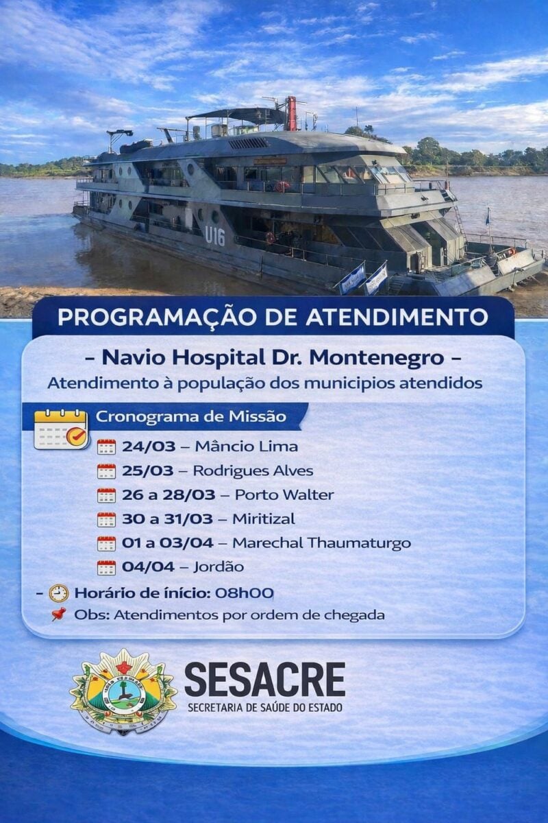 Navio Hospital inicia atendimentos no Juruá e leva saúde com cronograma definido