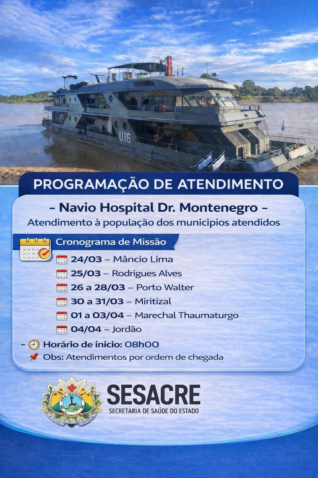 Navio Hospital inicia atendimentos no Juruá e leva saúde com cronograma definido
