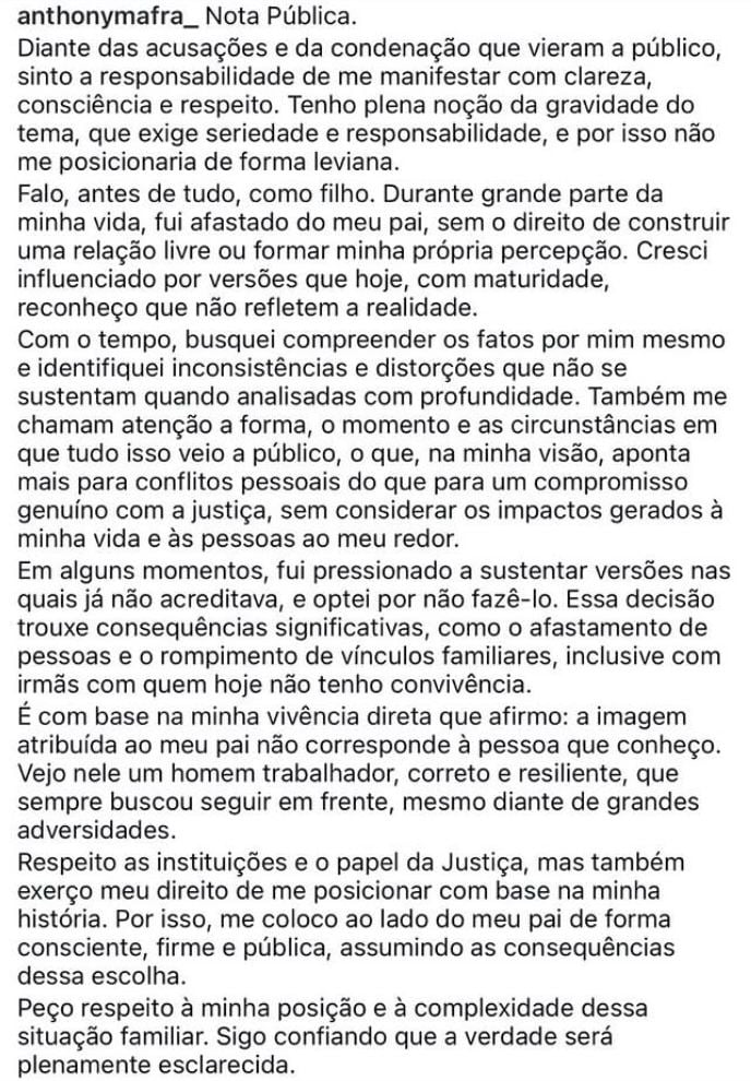 "Escolha consciente": Anthony Mafra relata rupturas familiares ao apoiar o pai