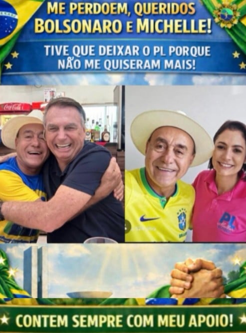 Em publicação nas redes sociais, Tião Bocalom pede perdão a Jair Bolsonaro e Michelle Bolsonaro após deixar o PL e afirma que admiração pelo casal continua a mesma.