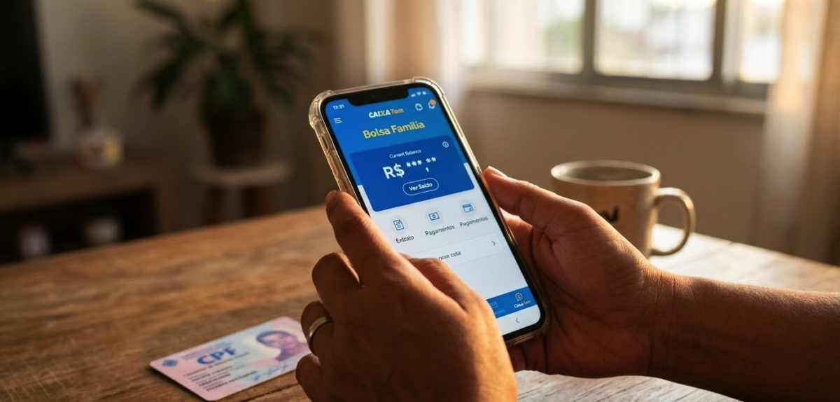 Beneficiário acessa o celular para consultar Bolsa Família março 2026 no aplicativo Caixa Tem.