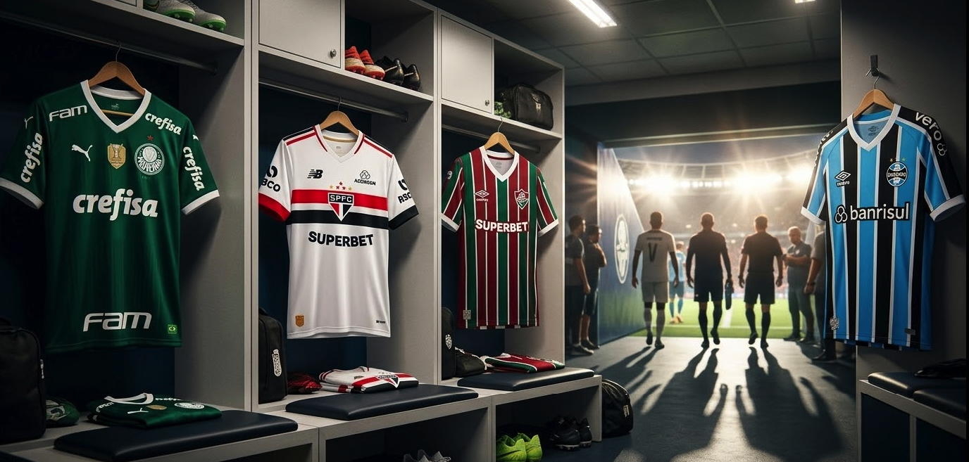 Camisas de Palmeiras, São Paulo, Fluminense e Grêmio penduradas no vestiário para os jogos do Brasileirão hoje.