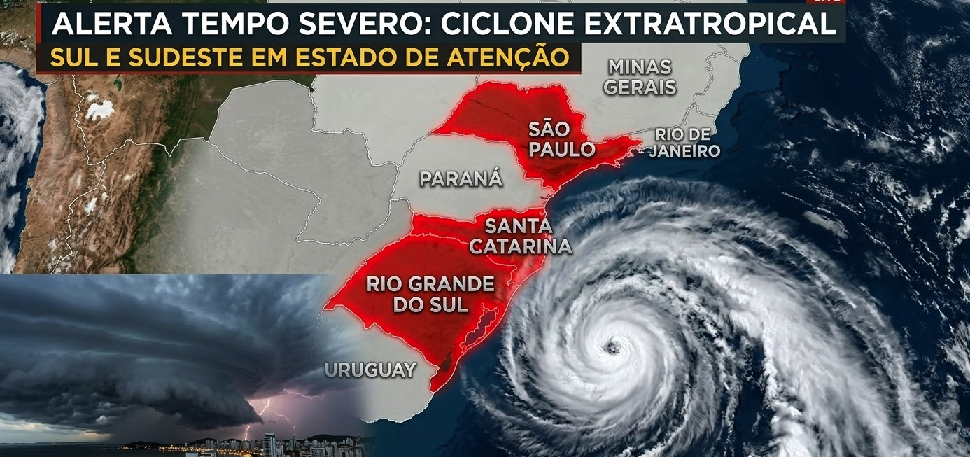 Mapa do INMET mostra alerta de ciclone extratropical no Sul e Sudeste.