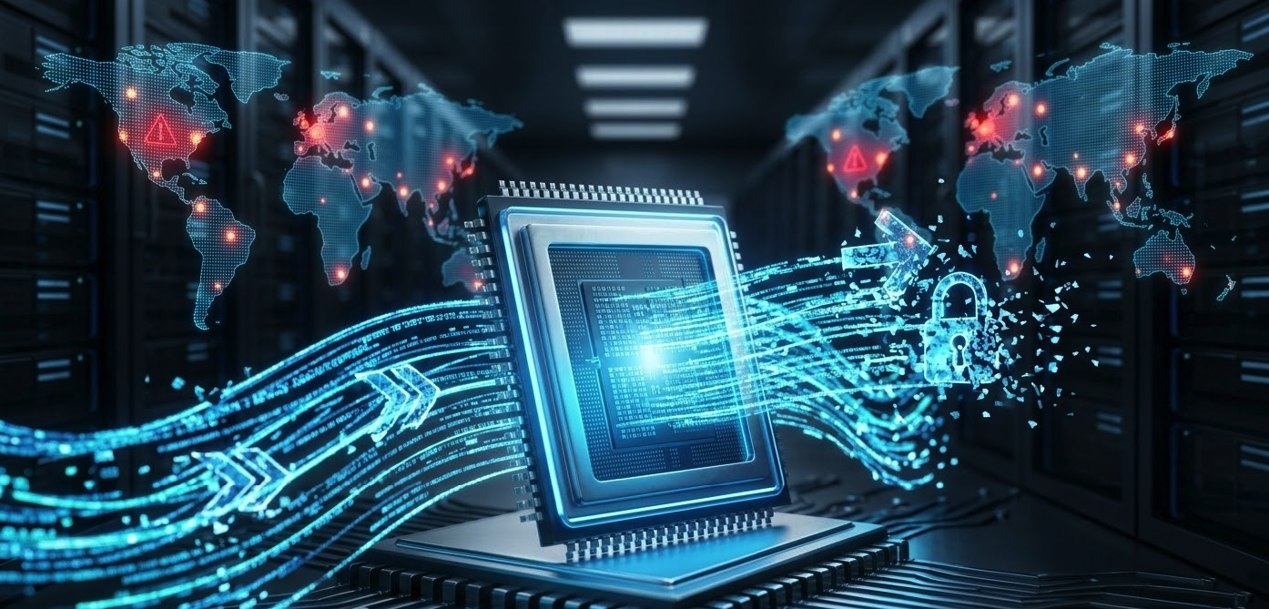 Ilustração conceitual do avanço comercial na computação quântica rompendo barreiras de segurança.