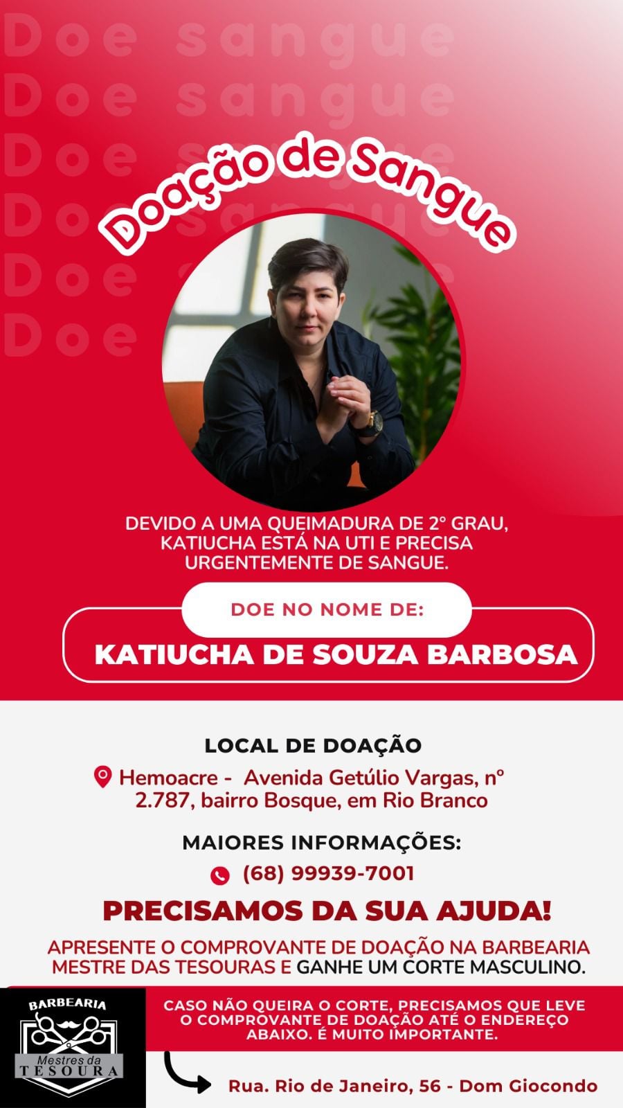 Katiucha de Souza Barbosa precisa de sangue após sofrer queimadura de 2º grau