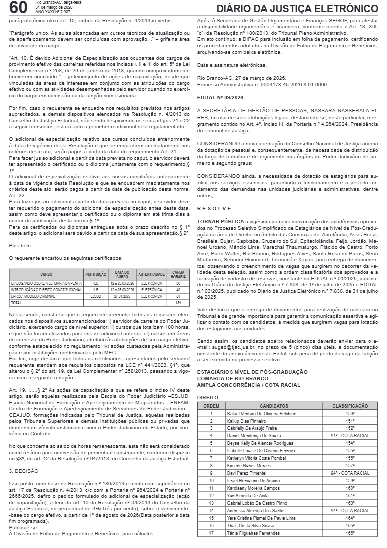 TJAC convoca aprovados em seletivo de estágio nesta terça