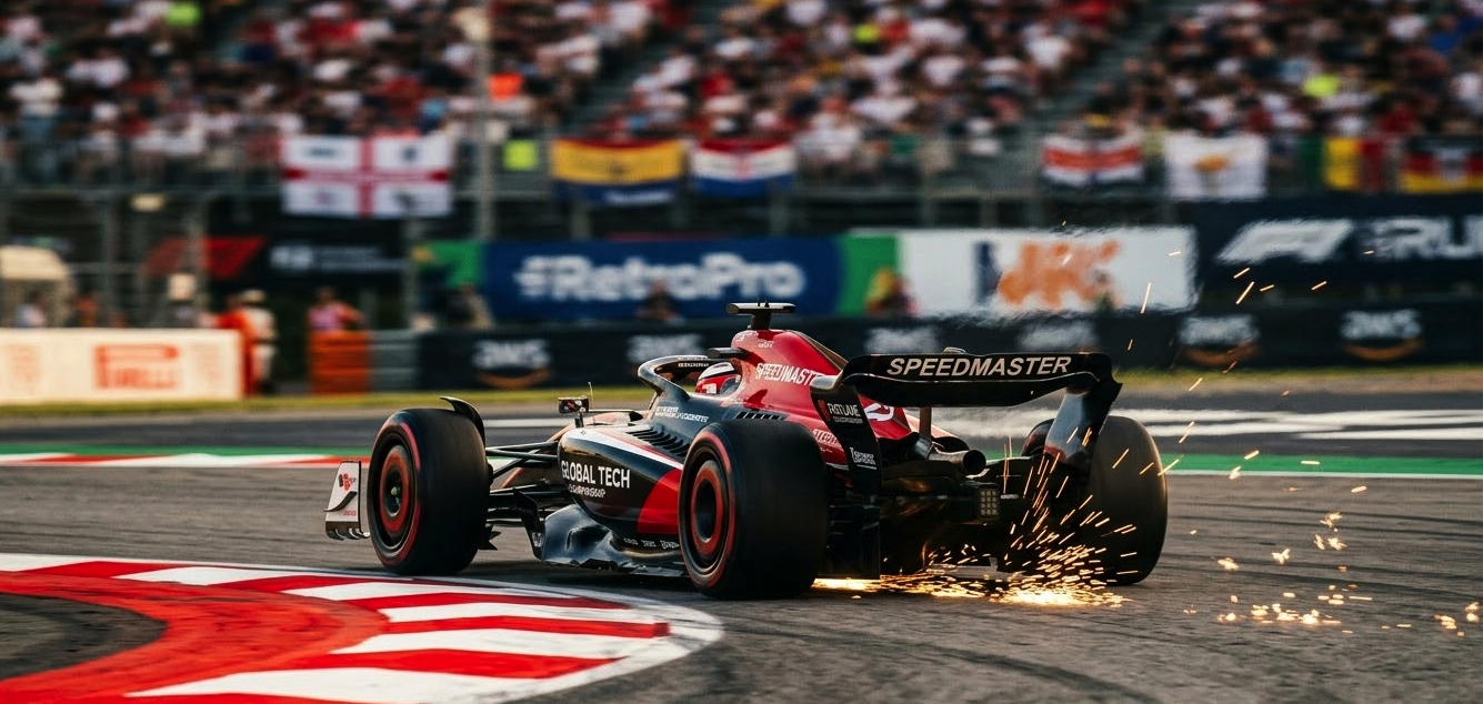 Carro de Fórmula 1 acelerando no circuito, ilustrando o horário do GP da China neste domingo.