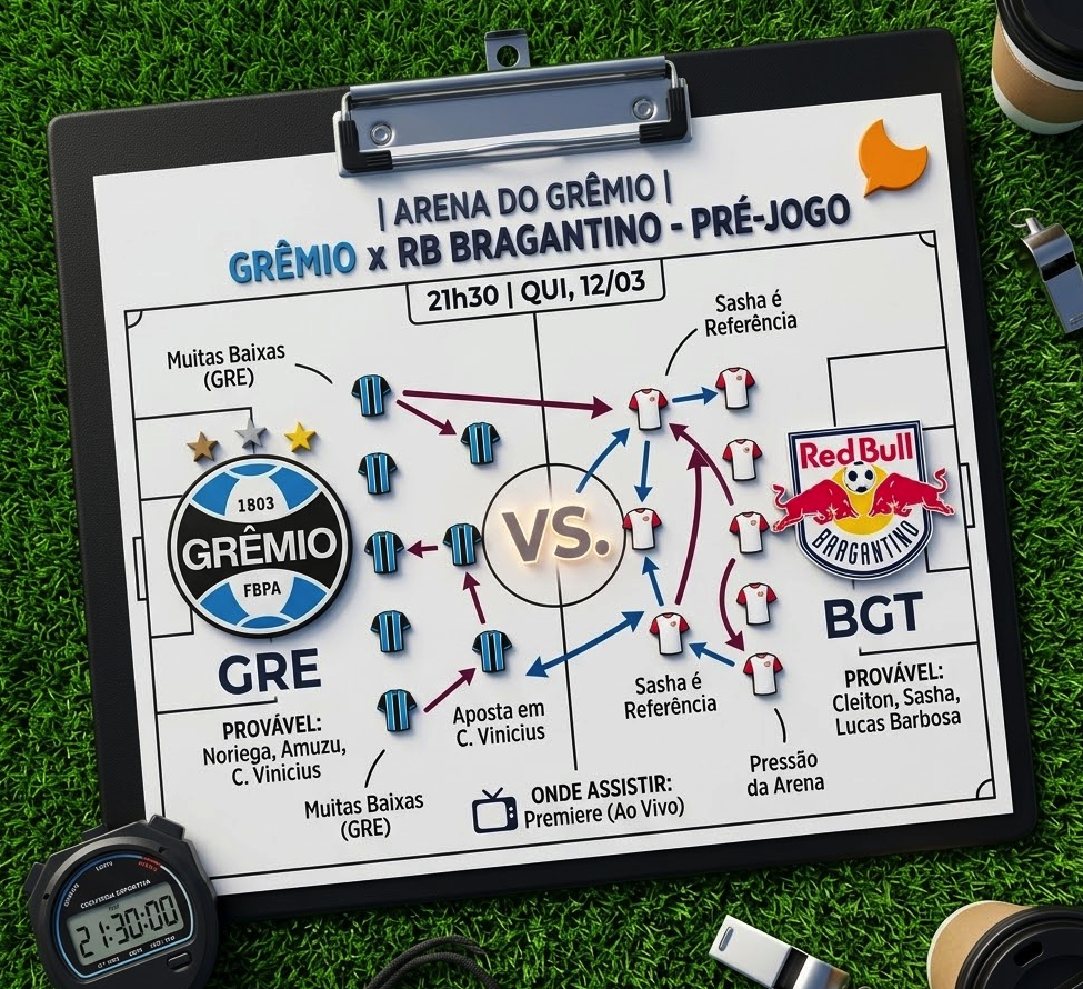 Prancheta tática detalhando a provável escalação Grêmio x Bragantino hoje na Arena do Grêmio.