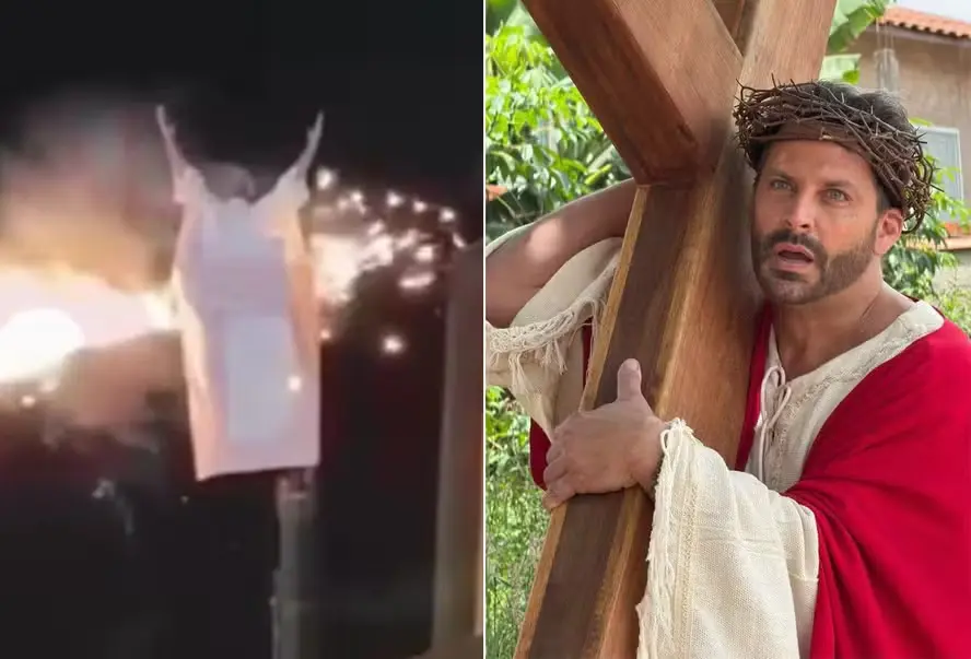 Susto no palco: Figurino de Henri Castelli pega fogo durante 'A Paixão de Cristo'