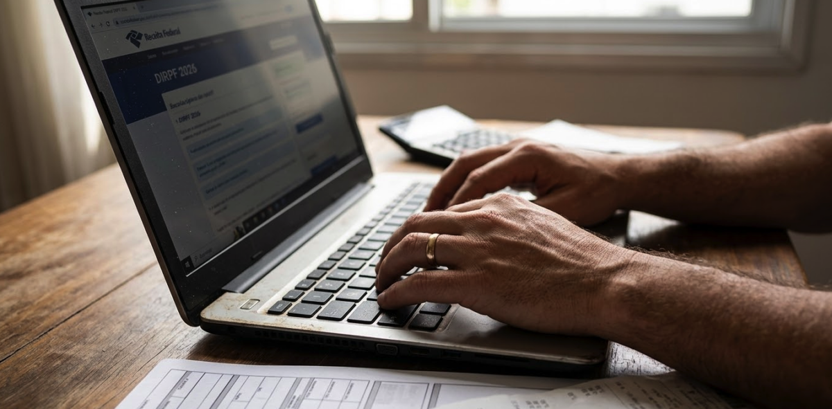 Contribuinte organizando documentos no fim de semana para a declaração do Imposto de Renda 2026.