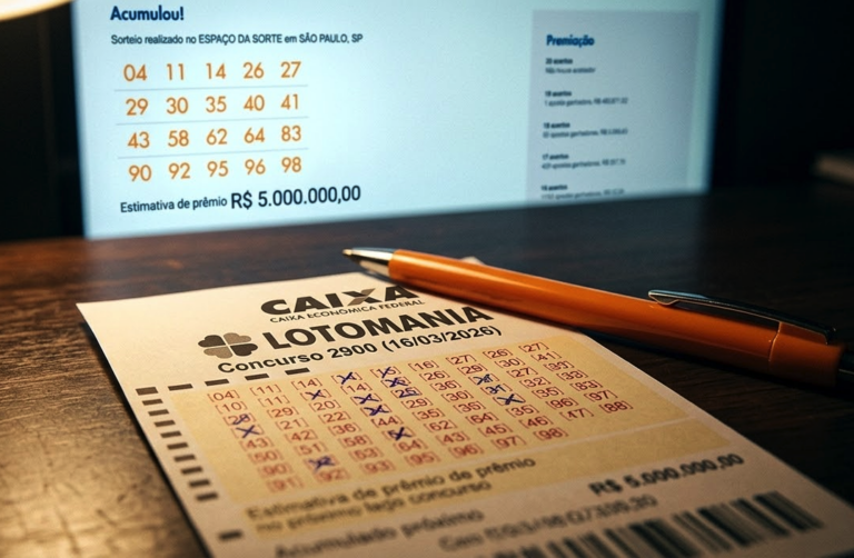 Bilhete e resultado da Lotomania de hoje, concurso 2900 acumulado.